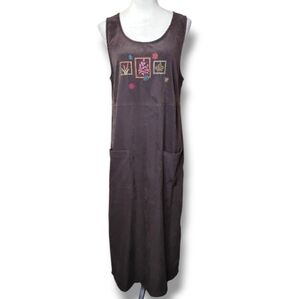 True Blue Faux Suede Jumper Maxi Dress M Brown Embroidered Leaves Pockets